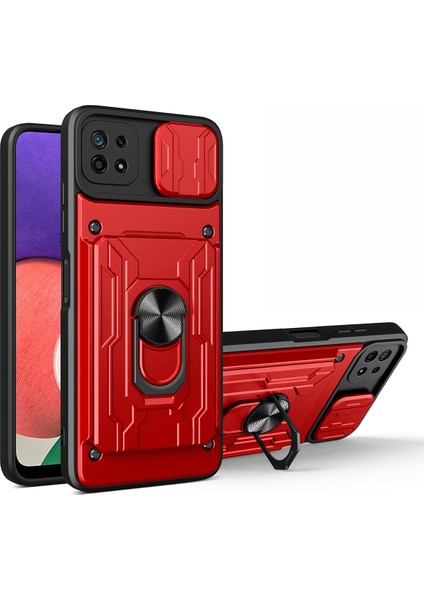 Kickstand Hard Pc Yumuşak Tpu Şok Geçirmez Telefon Kapağı Samsung Galaxy A22 5g (Ab Versiyonu) Için Kart Tutucu ve Slayt Kamera Kapağı (Yurt Dışından)