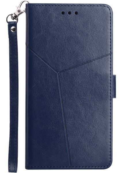 Samsung Galaxy A13 Için 4g Handy Strap Cep Telefon Kapağı Y Şeklinde Çizgiler Baskılı Manyetik Pu Deri Stand Cüzdan Ca-Blue (Yurt Dışından)