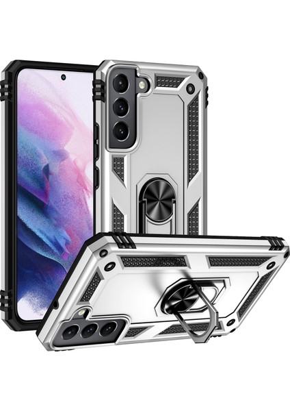 Zor Anti-Çizik Telefon Kabuğu Yüzük Tutucu Kickstand Tasarımı Pc+Tpu+Metal Hibrid Telefon Kapağı Samsung Galaxy S22+5G-SILVER (Yurt Dışından)