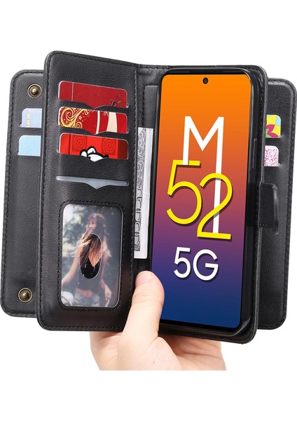 Çoklu Kart Yuvası Pu Deri Folio Flip Stand Cüzdan Telefon Kılıfı Samsung Galaxy M52 5g-Black (Yurt Dışından)