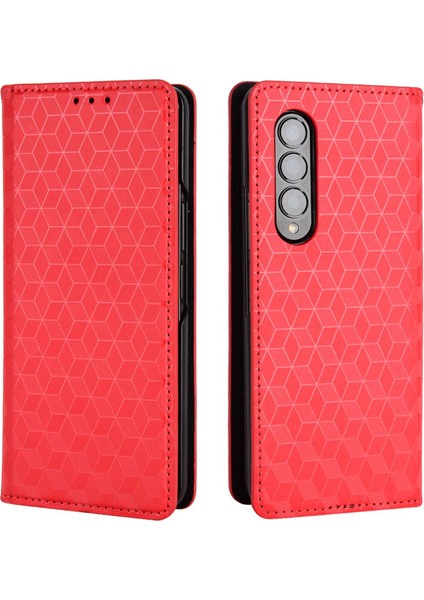 Samsung Galaxy Z Fold3 Için 5g Baskı Rhombus Desen Standı Stand Cüzdan Deri Kılıf Anti-Drop Telefon Kapak-Kırmızı (Yurt Dışından)