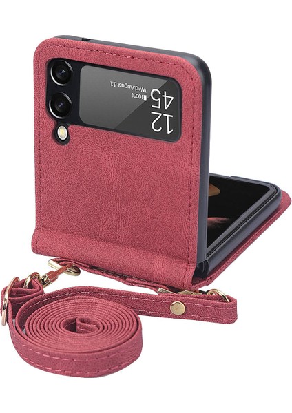 Samsung Galaxy Z Flip4 Için 5g Tek Parçalı Tasarım Pu Deri Kaplamalı Pc Kapak Kartı Tutucu Katlanır Long Lanyard-Red ile (Yurt Dışından)