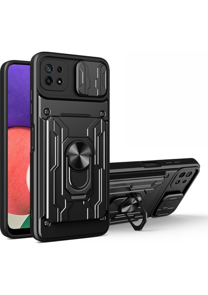 Kickstand Hard Pc Yumuşak Tpu Samsung Galaxy A22 5g (Ab Versiyonu) Için Kart Tutucu ve Slayt Kamera Kapağı ile Şok Geçirmez Telefon Kapağı (Yurt Dışından)