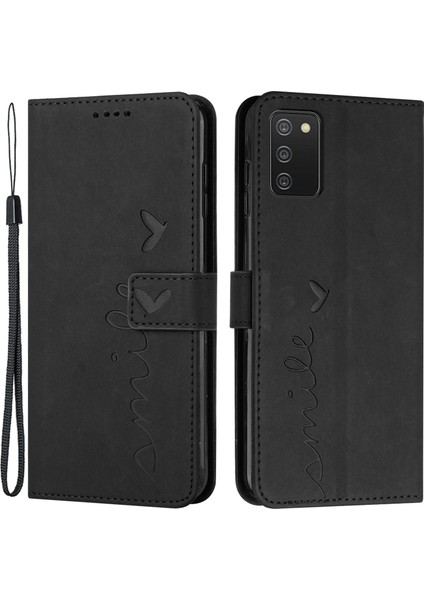 Samsung Galaxy A03S (164.2 x 75.9 x 9.1mm) Için, Cilt Dokunuşu Kalp Şekli Hissediyorum Baskılı Telefon Kılıfı Anti-Damla Deri Deri Cüzdan Standı Koruyucu Kabuk Kayış-Siyah (Yurt Dışından)