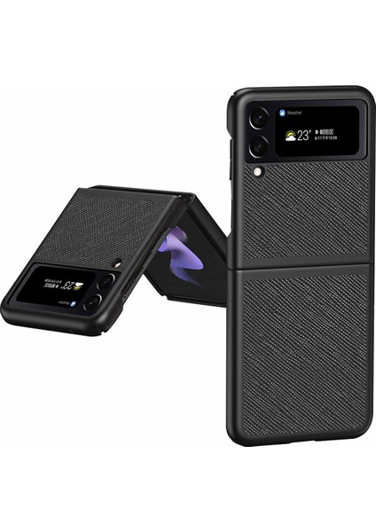 Samsung Galaxy Z Flip4 Için 5g Anti-Çizgi Çapraz Doku Telefon Kılıfı Ka Pu Deri Kaplamalı Pc Arka Kapak Koruyucu Kabuk Black (Yurt Dışından)