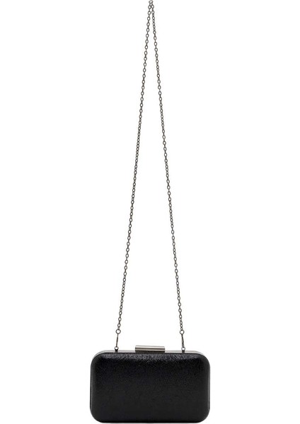 Siyah Renk Kristal Mat Deri Desenli Oval Metal Gümüş Kasalı Zincirli Kadın Abiye Çanta fiyatları