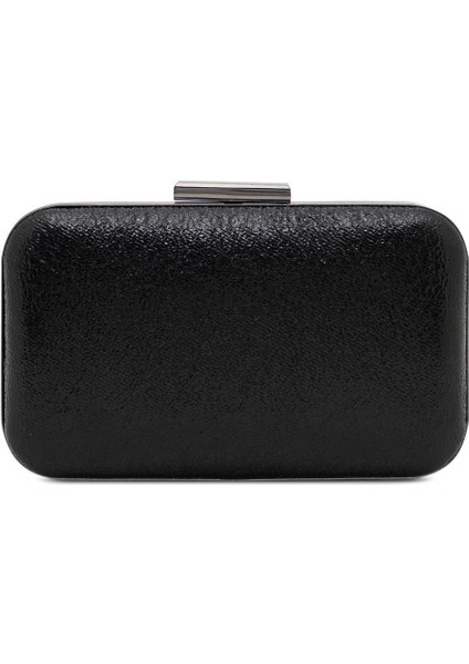 Siyah Renk Kristal Mat Deri Desenli Oval Metal Gümüş Kasalı Zincirli Kadın Abiye Çanta