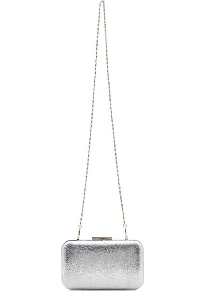 Biçanta Gümüş Gri Lame Renk Kristal Mat Deri Desenli Oval Metal Gümüş Kasalı Zincirli Kadın Abiye Çanta fiyatları