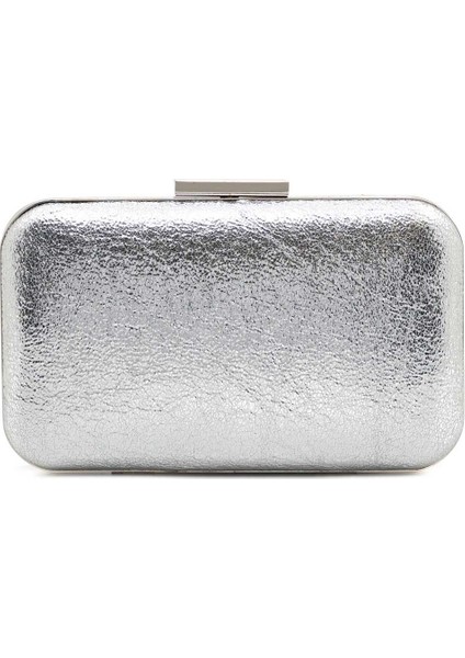 Biçanta Gümüş Gri Lame Renk Kristal Mat Deri Desenli Oval Metal Gümüş Kasalı Zincirli Kadın Abiye Çanta