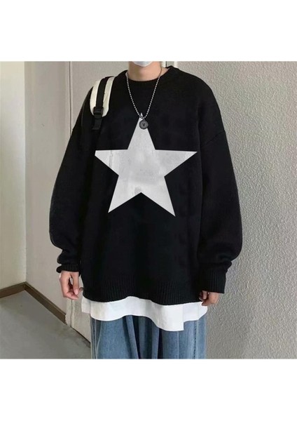 Daily Fashion Stokta Olmadan-Star Oversize Unisex Siyah Kazak