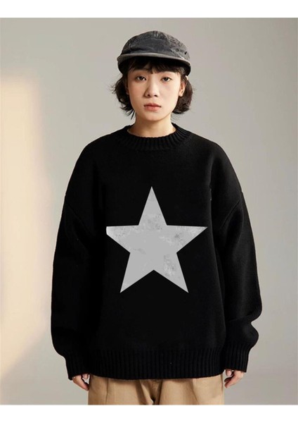 Daily Fashion Stokta Olmadan-Star Oversize Unisex Siyah Kazak