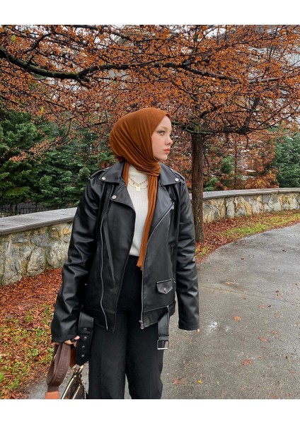 Kadın Siyah Oversize Içi Kürklü Kemerli Biker Deri Ceket