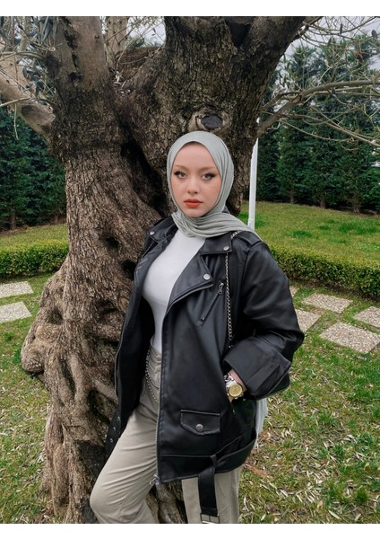 Kadın Siyah Oversize Içi Kürklü Kemerli Biker Deri Ceket modelleri