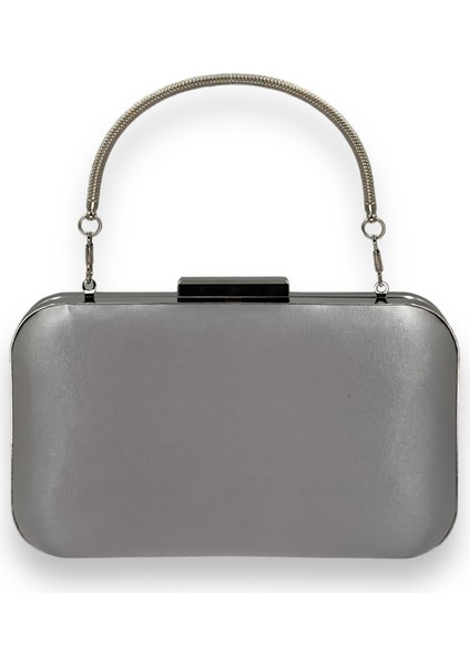 Gri Renk Saten Oval Gümüş Metal Kasalı Metal Saplı Kristal Swarovski Taşlı Kadın Abiye Çanta Kına Gelin Çantası Portföy Clutch Mezuniyet Çantası