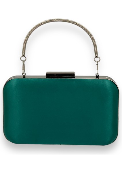 Yeşil Renk Saten Oval Gümüş Metal Kasalı Metal Saplı Kristal Swarovski Taşlı Kadın Abiye Çanta Kına Gelin Çantası Portföy Clutch Mezuniyet Çantası