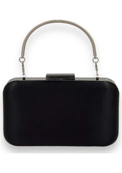 Siyah Renk Saten Oval Gümüş Metal Kasalı Metal Saplı Kristal Swarovski Taşlı Kadın Abiye ÇantaKına Gelin Çantası