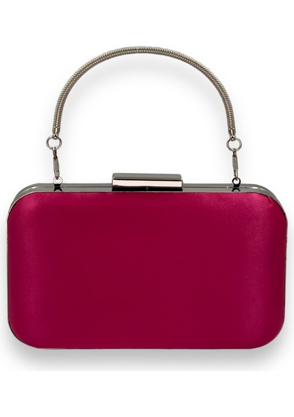 Fuşya Renk Saten Oval Gümüş Metal Kasalı Metal Saplı Kristal Swarovski Taşlı Kadın Abiye Çanta Kına Gelin Çantası Portföy Clutch Mezuniyet Çantası