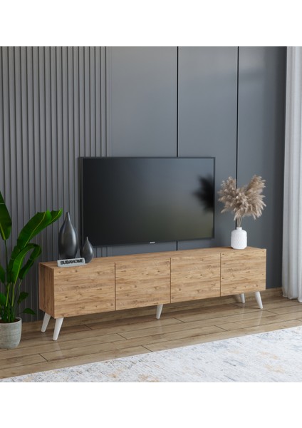 Subahome Ahşap Görünümlü %100 Mdf 4 Kapaklı Tv Ünitesi 160 x 30 x 45 Modern ve Fonksiyonel Tasarım