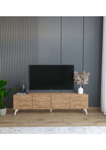 Subahome Ahşap Görünümlü %100 Mdf 4 Kapaklı Tv Ünitesi 160 x 30 x 45 Modern ve Fonksiyonel Tasarım