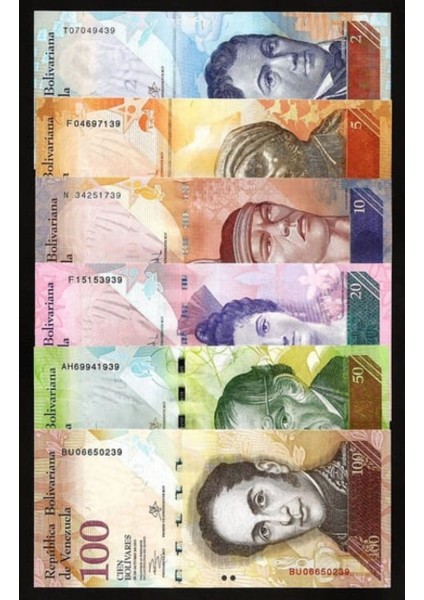 Venezuela 2-5-10-20-50-100 Bolivar, 2013-2015, Yabancı Eski Kağıt Para 6'lı Ser "çil"