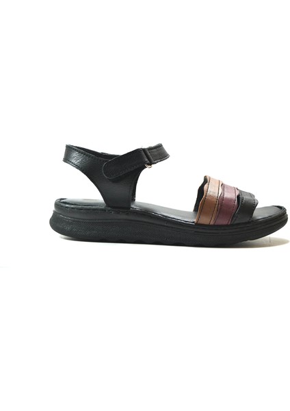 221-1 Deri Siyah & Taba Anatomik Kadın Sandalet
