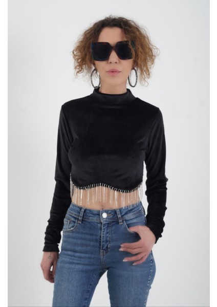 Fransız Kadife Eteği Zincirli Crop Bluz