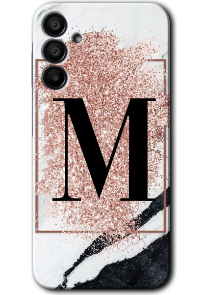 Samsung Galaxy A15 Kılıf Hd Desen Baskılı Kılıf + Kırılmaz Cam - Pembe Mermer Desenli M Harfi