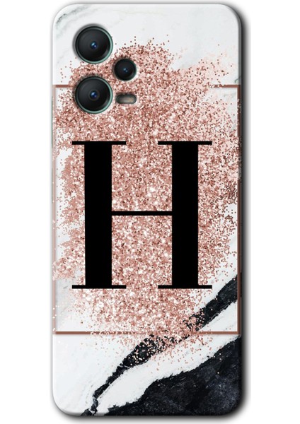 Xiaomi Redmi Note 12 5g Kılıf Hd Desen Baskılı Kılıf + Kırılmaz Cam - Pembe Mermer Desenli H Harfi