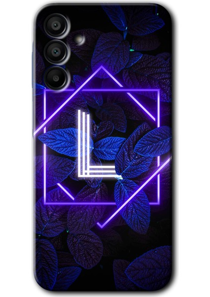 Samsung Galaxy A15 Kılıf Hd Desen Baskılı Kılıf + Kırılmaz Cam - Dark Neon Yaprak L Harfi