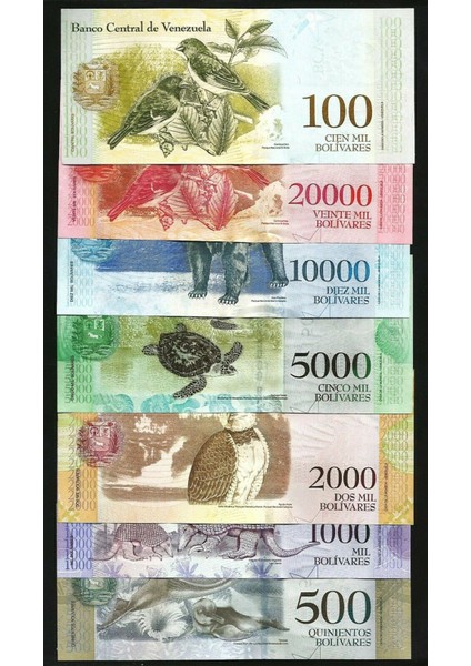 Venezuela 500-1000-2000-5000-10000-20000-100000 Bolivar, 2016-2017, 7'li Eski Kağıt Para Seti