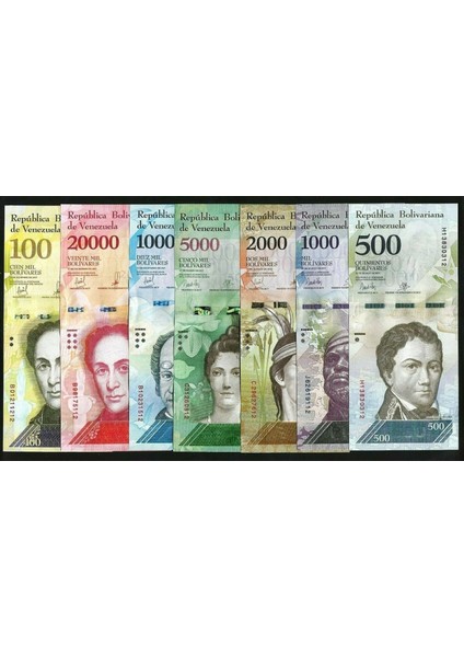 Venezuela 500-1000-2000-5000-10000-20000-100000 Bolivar, 2016-2017, 7'li Eski Kağıt Para Seti fiyatları