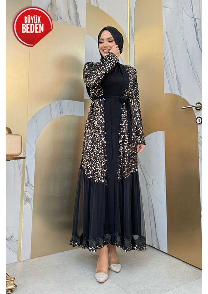 Büyük Beden Tül Işleme Detay Pul Payetli Abaya 7376-1 Gold fiyatları