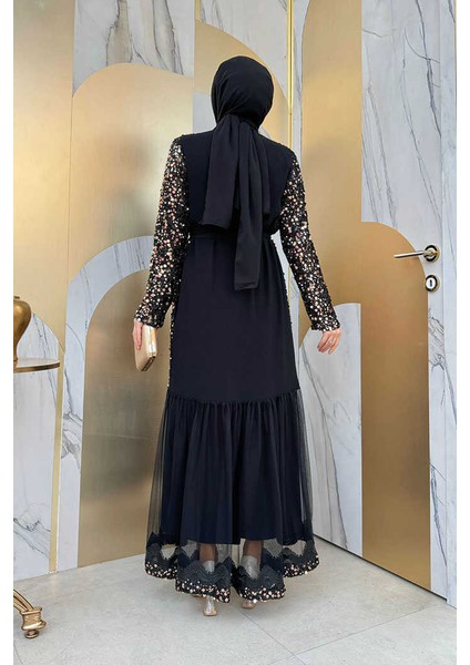 Büyük Beden Tül Işleme Detay Pul Payetli Abaya 7376-1 Gold modelleri