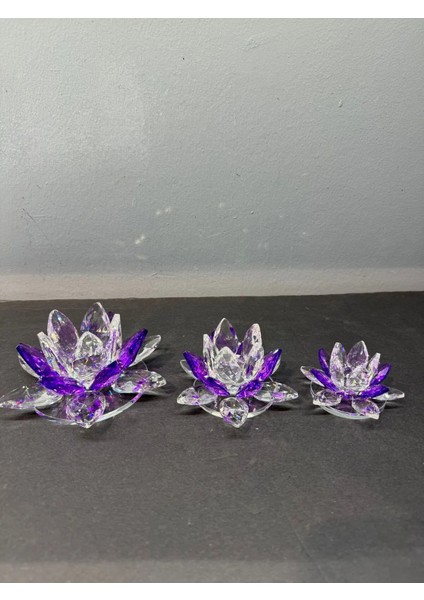 Dekoratif Kristal Cam Üçlü Cam Lotus Mumluk Mor