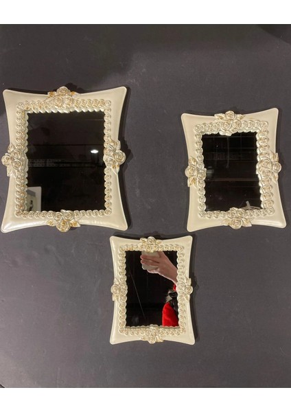 Dekoratif Polyester Üçlü Kare Ayna Takımı Krem Eskitme modelleri