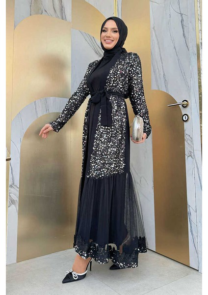 Büyük Beden Tül Işleme Detay Pul Payetli Abaya 7376-1 Gümüş modelleri