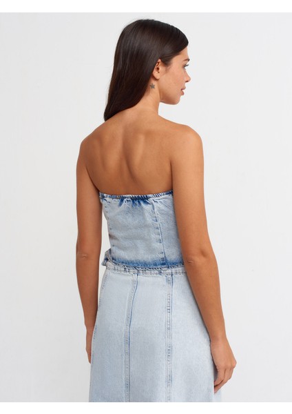 50703 Önü Flatolu Kısa Denim Yelek-Mavi