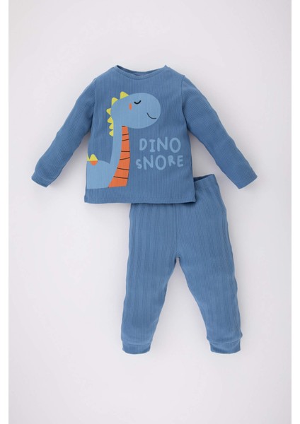 Erkek Bebek Dinazor Baskılı Uzun Kollu Fitilli Kaşkorse Pijama Takımı C0731A524SP