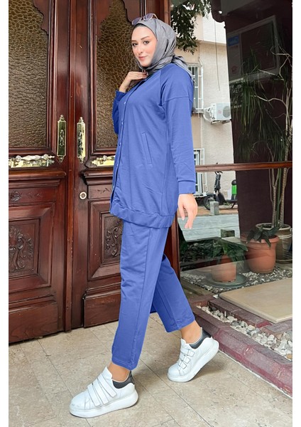 Çıtçıtlı Yandan Cepli İkili Sade Basic Eşofman Spor Takımı - 12009.006 - İndigo