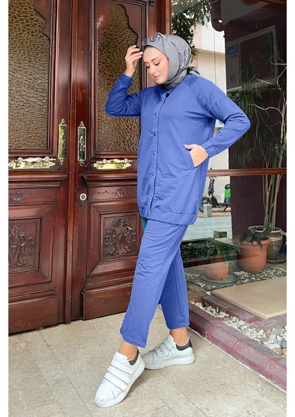 Çıtçıtlı Yandan Cepli İkili Sade Basic Eşofman Spor Takımı - 12009.006 - İndigo modelleri