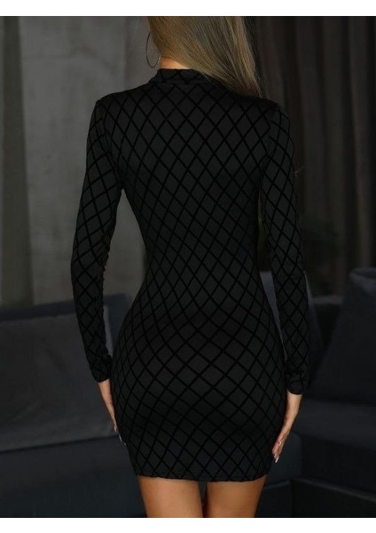 Kadın Uzun Kollu Damla Detay Flok Baskı Dalgıç Mini Elbise fiyatları