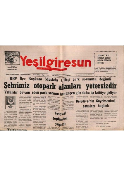 Yeşil Giresun Gazetesi 11 Aralık 1999 - Yıllardır Devam Eden Park Sorunu Her Geçen Gün Daha Da Kötüye Gidiyor GZ79021