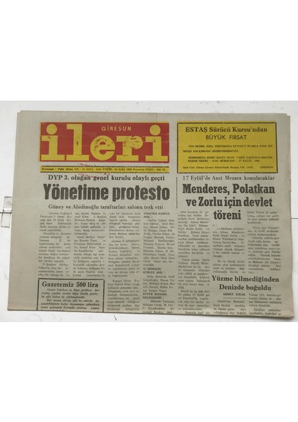 Giresun Ileri Gazetesi 10 Eylül 1990 - Yönetime Protesto GZ7325
