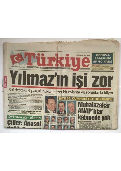 Türkiye Gazetesi 1 Temmuz 1997 - Işte 55. Cumhuriyet Hükümeti GZ7475