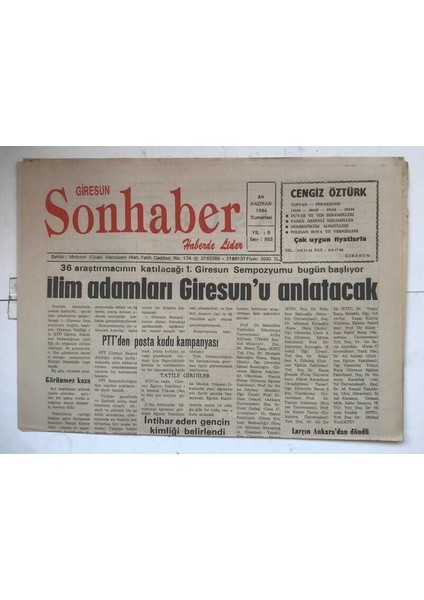 Giresun Son Haber Gazetesi 18 Haziran 1994 - Ilim Adamları Giresunu Anlatacak GZ7380