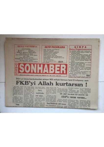 Giresun Son Haber Gazetesi 26 Kasım 1994 - Dört Yıl Önce Bankalardan Alınan 165 Milyar Borcun Faizi 5 Trilyonu Aştı GZ7352