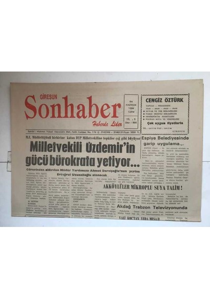 Giresun Son Haber Gazetesi 24 Haziran 1994 - Memur Sendikalarına Eylem Yasağı GZ7361