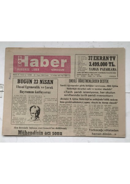 Giresun Son Haber Gazetesi 23 Nisan 1993 - Bugün 23 Nisan Ulusal Egemenlik ve Çocuk Bayramını Kutluyoruz GZ7439