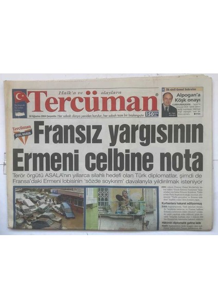 Tercüman Gazetesi 18 Ağustos 2004 - Fransız Yargısının Ermeni Celbine Nota GZ7456