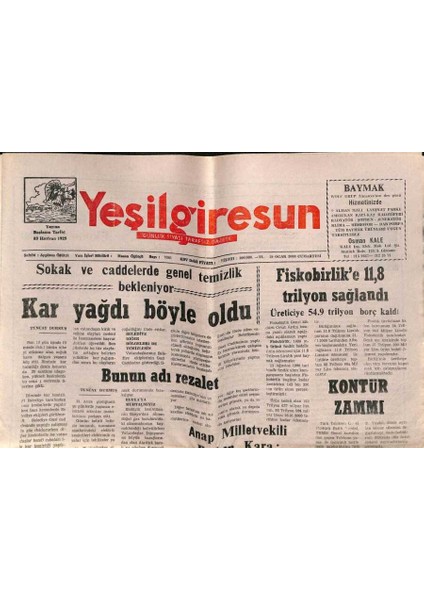Yeşil Giresun Gazetesi 29 Ocak 2000 - Ş. Karahisar Orman Işletmesi Kapatılıyor Mu ? GZ77889